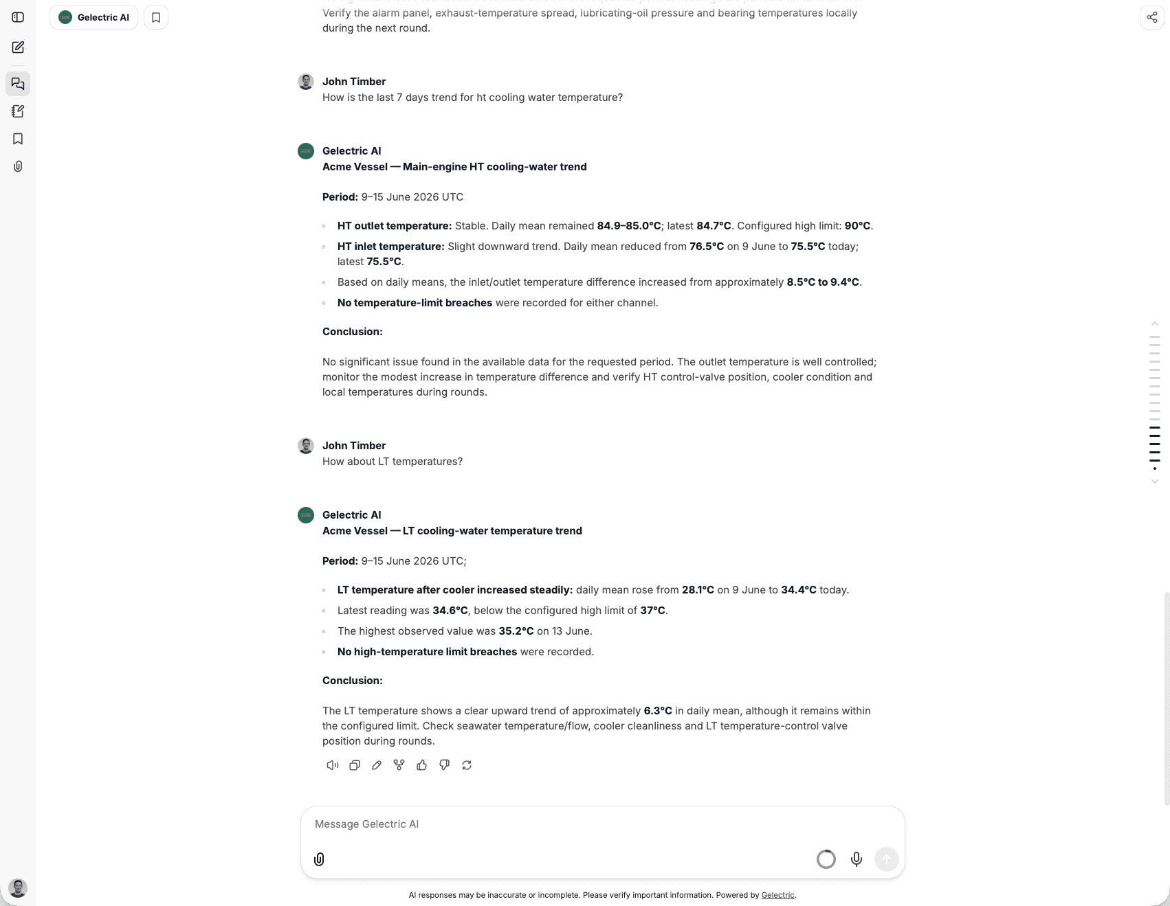 Follow-up conversation in Gelectric AI comparing HT and LT cooling-water temperature trends over seven days.