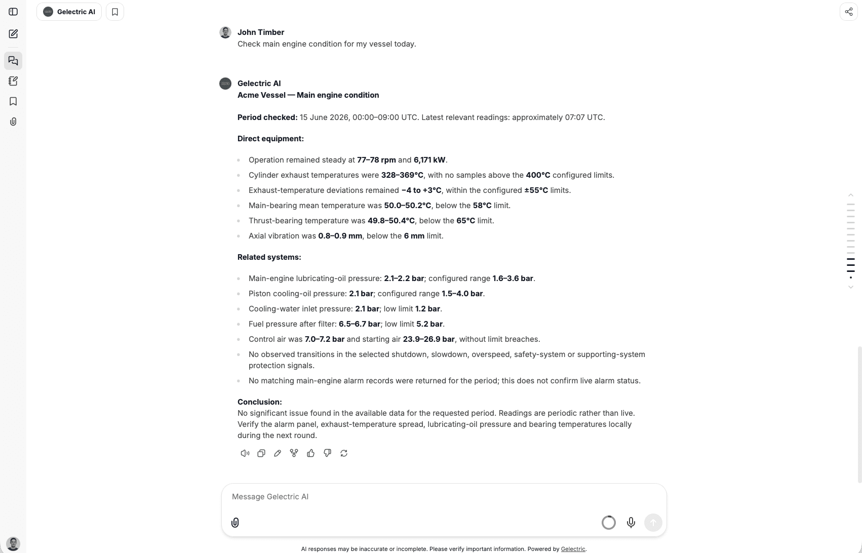 Gelectric AI response reviewing main-engine readings, configured limits, related systems, and the available data period.