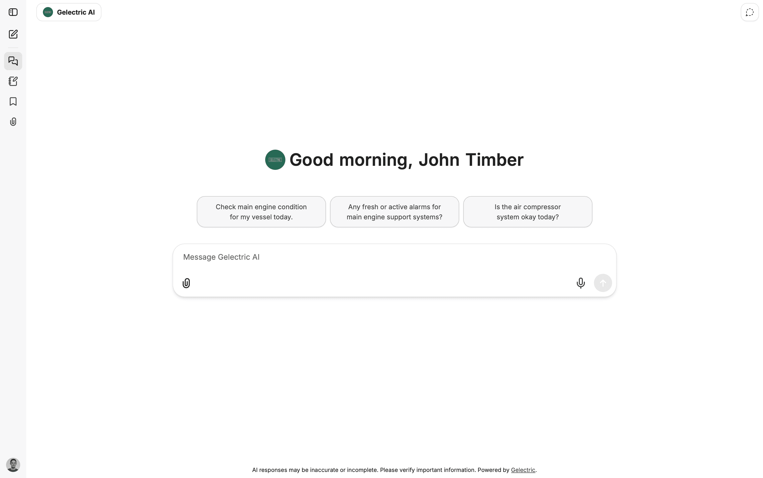 Gelectric AI welcome screen with suggested vessel questions and a chat input.