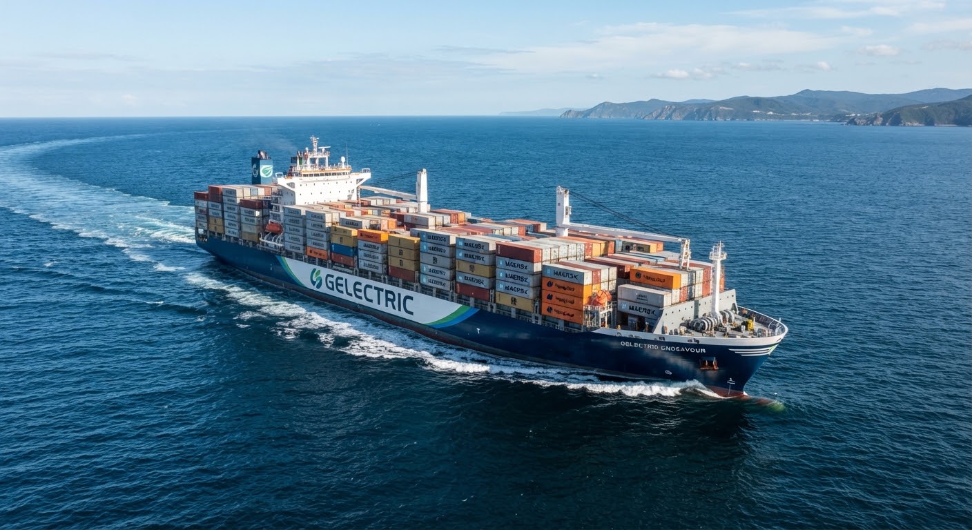 Cargo vessel underway in coastal waters.